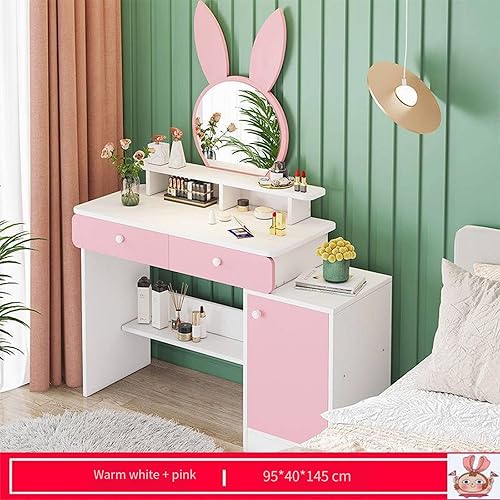 Miniatura 2 de Juego de tocador con espejo, tocador de maquillaje de princesa de madera con taburete, 2 cajones de almacenamiento y estante de exhibición, bonito