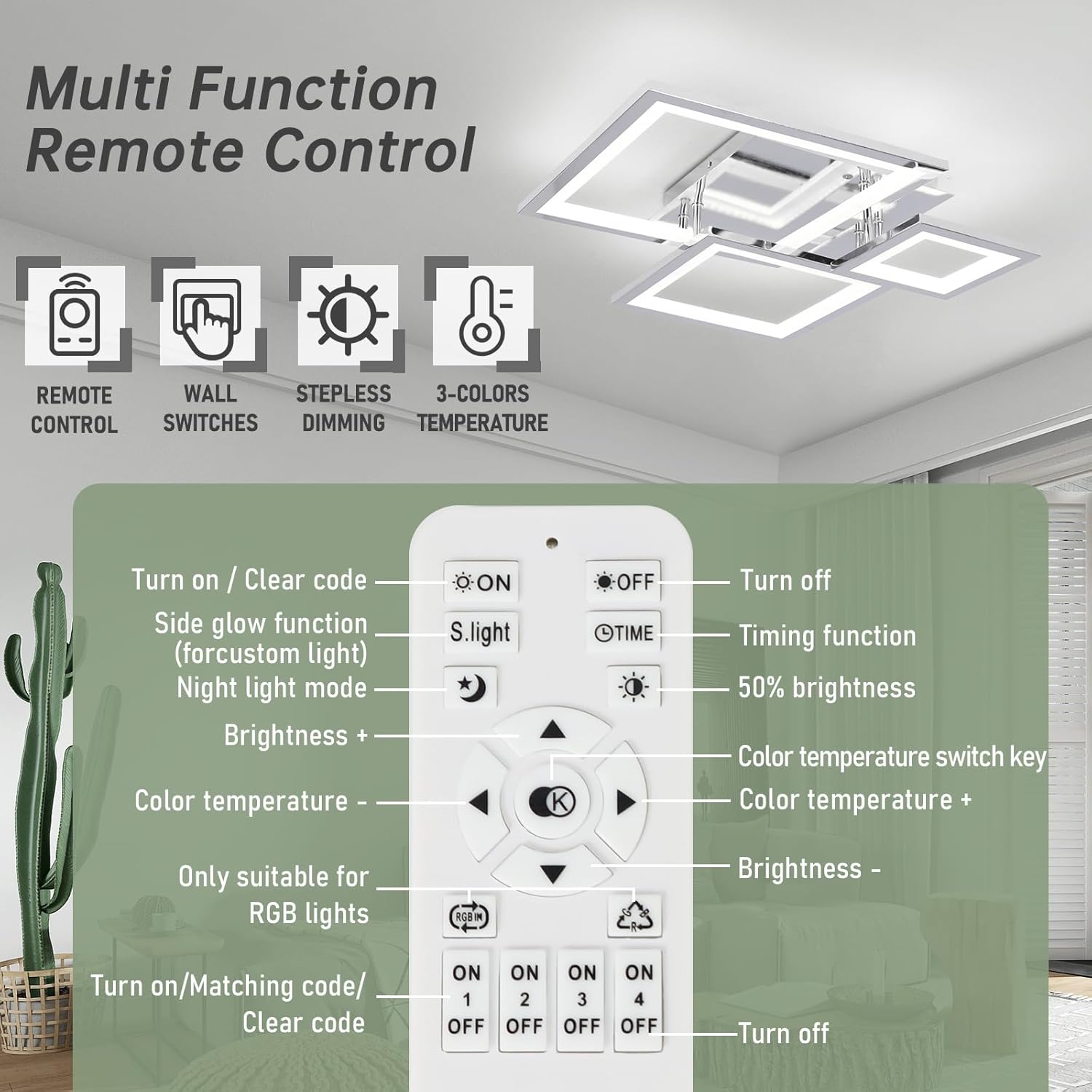 Modern Chrome Led Ceiling Light 3-Square Design 3000K-6500K Dimmable LED Ceiling Light with Remote 33W Acrylic Ceiling Lighting Fixture for Bedroom Kitchen Dining Room Office Lamps