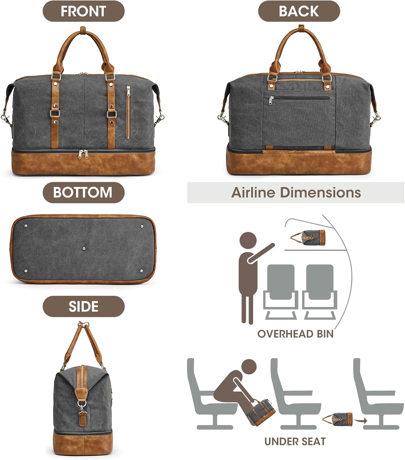 S-ZONE Weekender Bag for Men Canvas Duffle Large Weekend Overnight Travel Carry On Tote Bag with Shoe Compartment (Grey) - Image 3