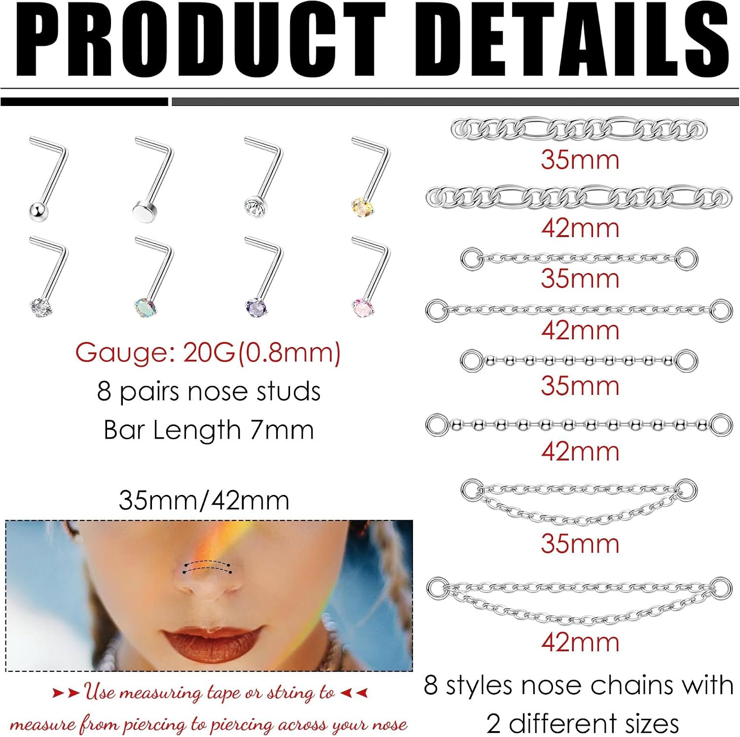 ZELORES 20G Nose Rings Studs with Chains African Nose Ring Cuff Horseshoe Septum Rings Stainless Steel Star Heart Nose Ring Chain Piercing Jewelry Set for Women Men