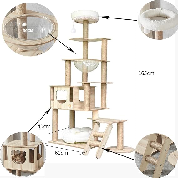 Cat tree for large cats 165cm-8 Story Cat tower, house, Transparent space capsule, Plush jumping platform, Toy ball, Claw-grinding sisal ladder（Wood color）