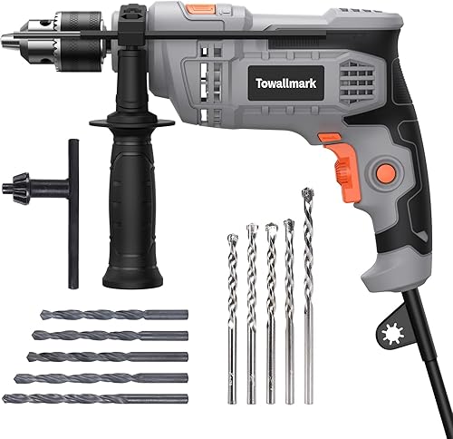 Towallmark - Taladro de martillo eléctrico de 7 amperios, 12 pulgada con 3000 rpm, velocidad variable, 10 brocas para mejoras del hogar, bricolaje,