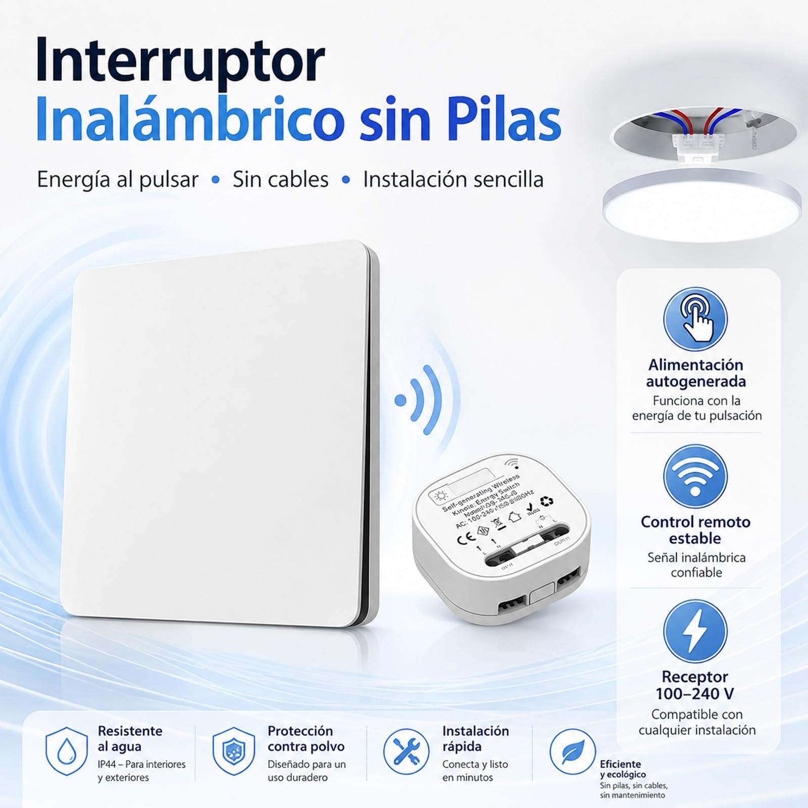 Interruptor inalámbrico Kinelux, kit con receptor sin pilas (Blanco, 2 teclas)