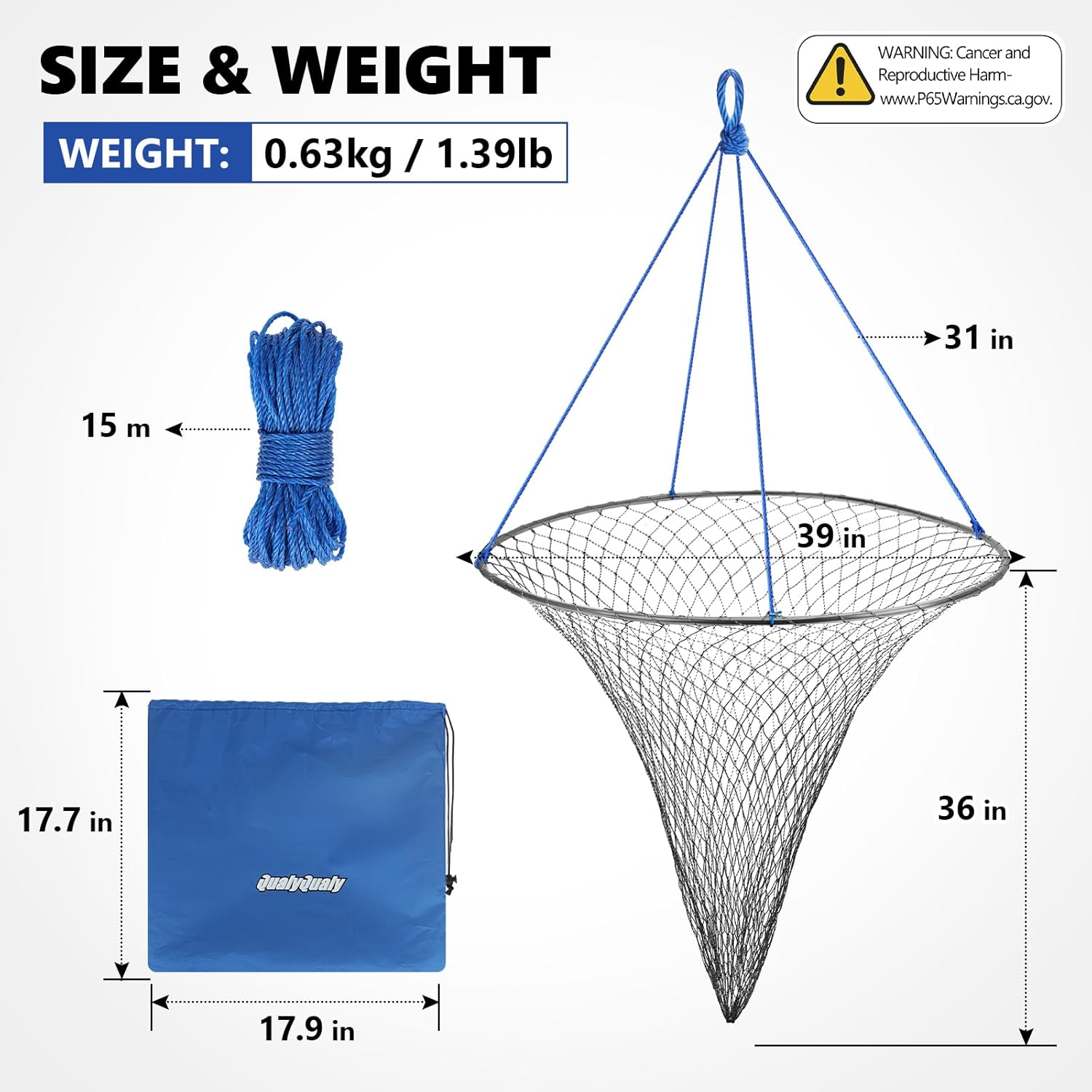 QualyQualy Large Bridge and Pier Fishing Net 32''/39'' Hoop, Foldable Drop Net Pier Fishing for Saltwater with Rope, Landing Net with Nylon Mesh, Collapsible Soft Steel Ring