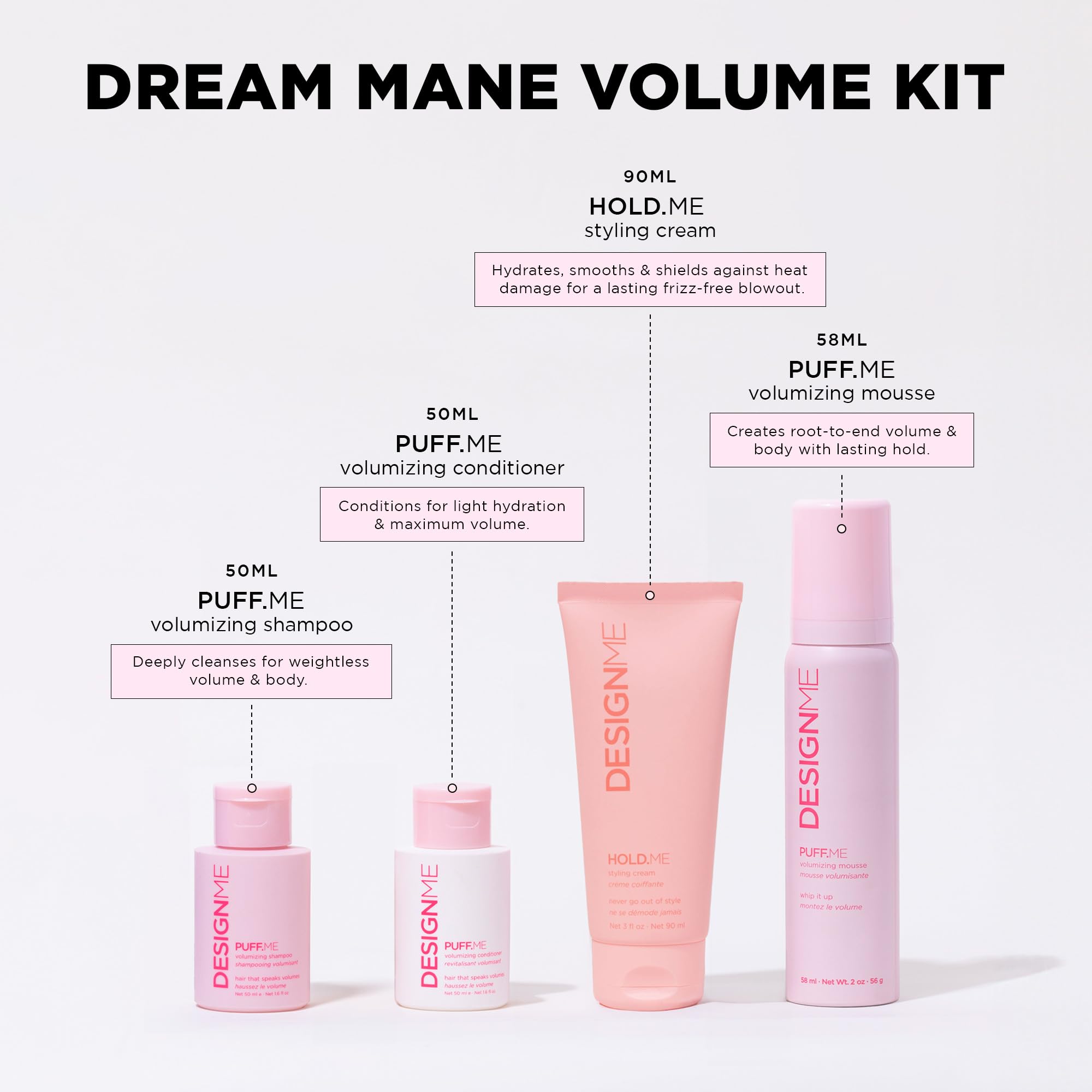 DESIGNME Dream Mane Volume Kit | Holiday Gift| Volumizing Shampoo & Conditioner, Hair Mousse & Styling Cream | Boosts Volume, Body & Fullness, Smooths Frizz & Heat Protection | Color Safe