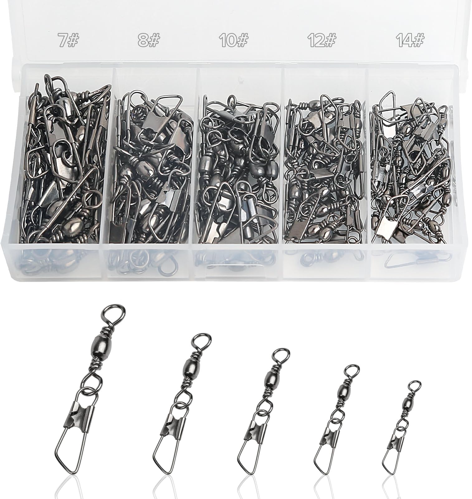 Realure 100/200 Pcs Fishing Swivels and Clips Safety Snaps Swivels Fishing Tackle Sea Fishing Swivels Rolling Swivel for Quick Change Swivels Fishing Hook to Line Connectors 7# 8# 10# 12# 14#