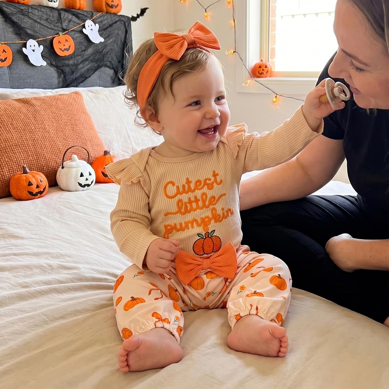 Newborn Baby Girl Halloween Outfit Letter Pumpkin Embroidery Long Sleeve Romper Pants Set Cute Infant Fall Clothes image 5