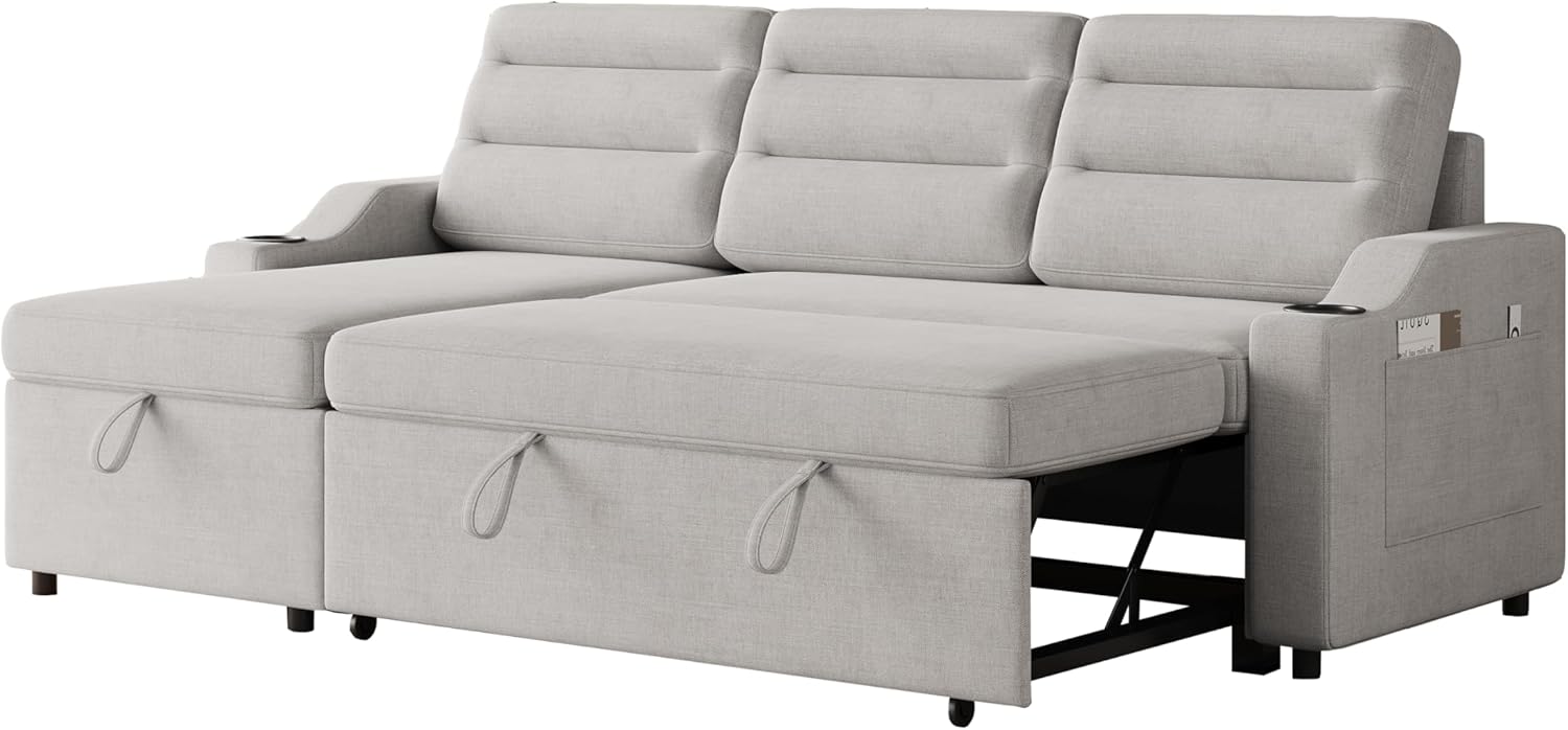 Modern Convertible Sleeper Combo Sofa Bed with Storage, Comfortable Fabric Couch with Recliner and Cup Holder, Light Grey