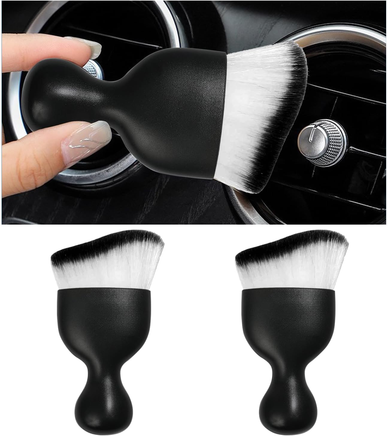 2PCS Car Interior Dust Brush, Soft Scratch Free Auto Detailing Brushes, Universal Vehicle Interior Cleaning Tool for Automotive Dashboard, Air Vents, Leather (White & Black)