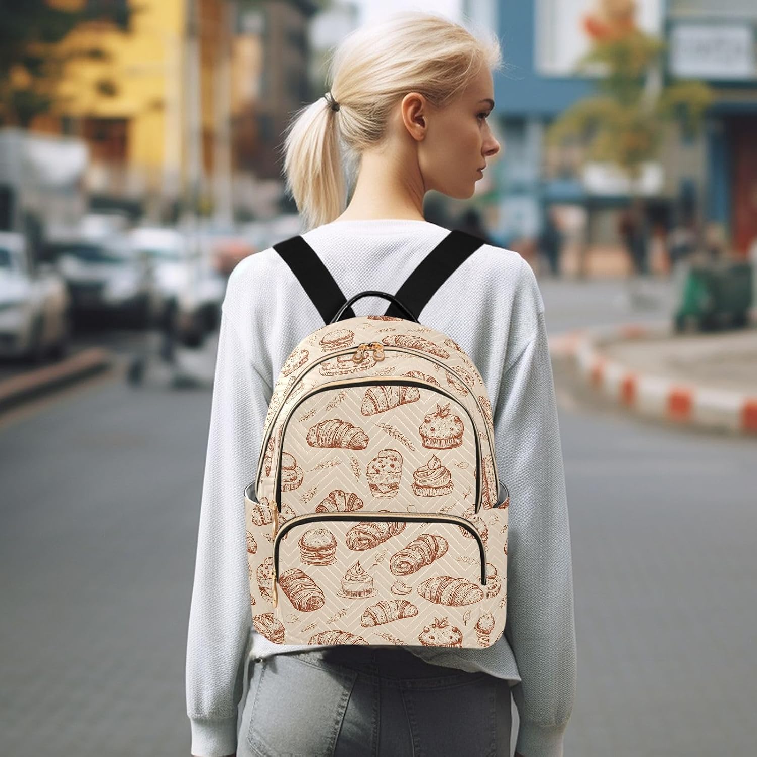 Pastries Bread Cake Retro Pattern Backpack Purse for Women Shoulder Bag Fashion Daypack Ladies Handbag Lightweight Travel Bag Rucksack
