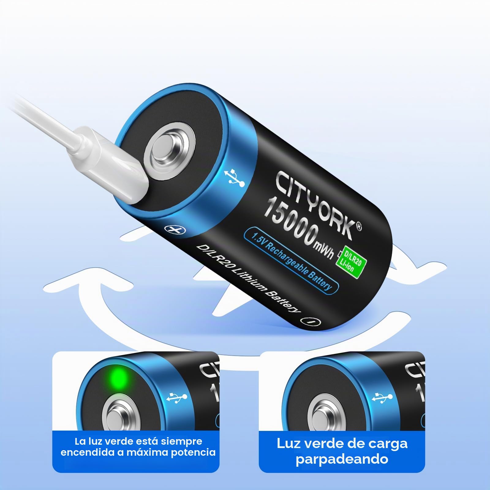 CITYORK Batería recargable USB D de 15000 mWh, 1,5 V, con cable de carga USB-C (8 unidades), batería recargable USB D de iones de litio, celdas mono D LR20, más de 1000 ciclos y reciclable – sin