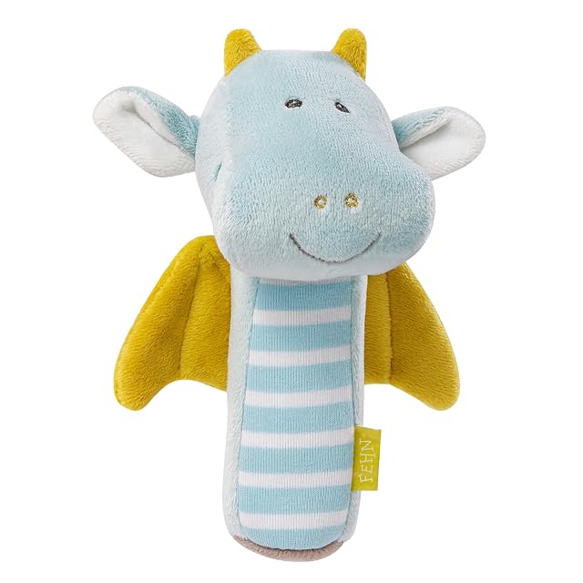 Fehn Sonajero con palo Dragón - Juguete que sirve como adorable peluche y sonajero