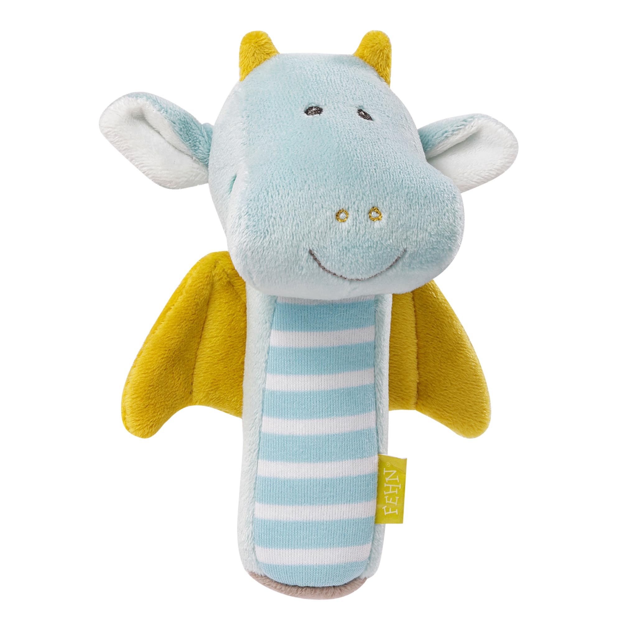 Fehn Sonajero con palo Dragón - Juguete para bebés que estimula la motricidad y los sentidos - Juguete que sirve como adorable peluche y sonajero - Regalo de nacimiento para niños a partir de 0 meses