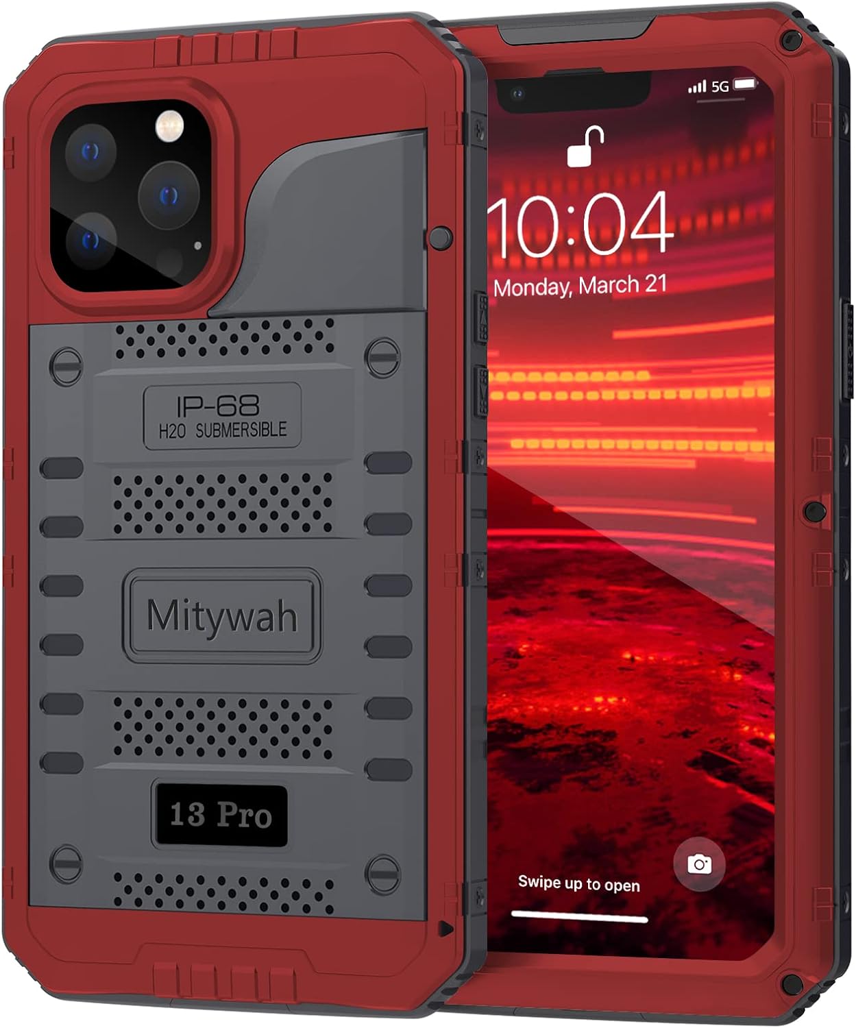 Mitywah Waterproof Case for iPhone 13 Pro, Heavy Duty Military Grade Armor Metal Case, Underwater Full Body Protective Case Shockproof Built-in Screen Protector Strong Rugged Case 6.1 inch, Red