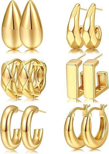 Gold Hoop Earrings Set for Women, 14K Gold Plated Thick Earrings Pack, Chunky Gold Earrings for Girls Gift Lightweight