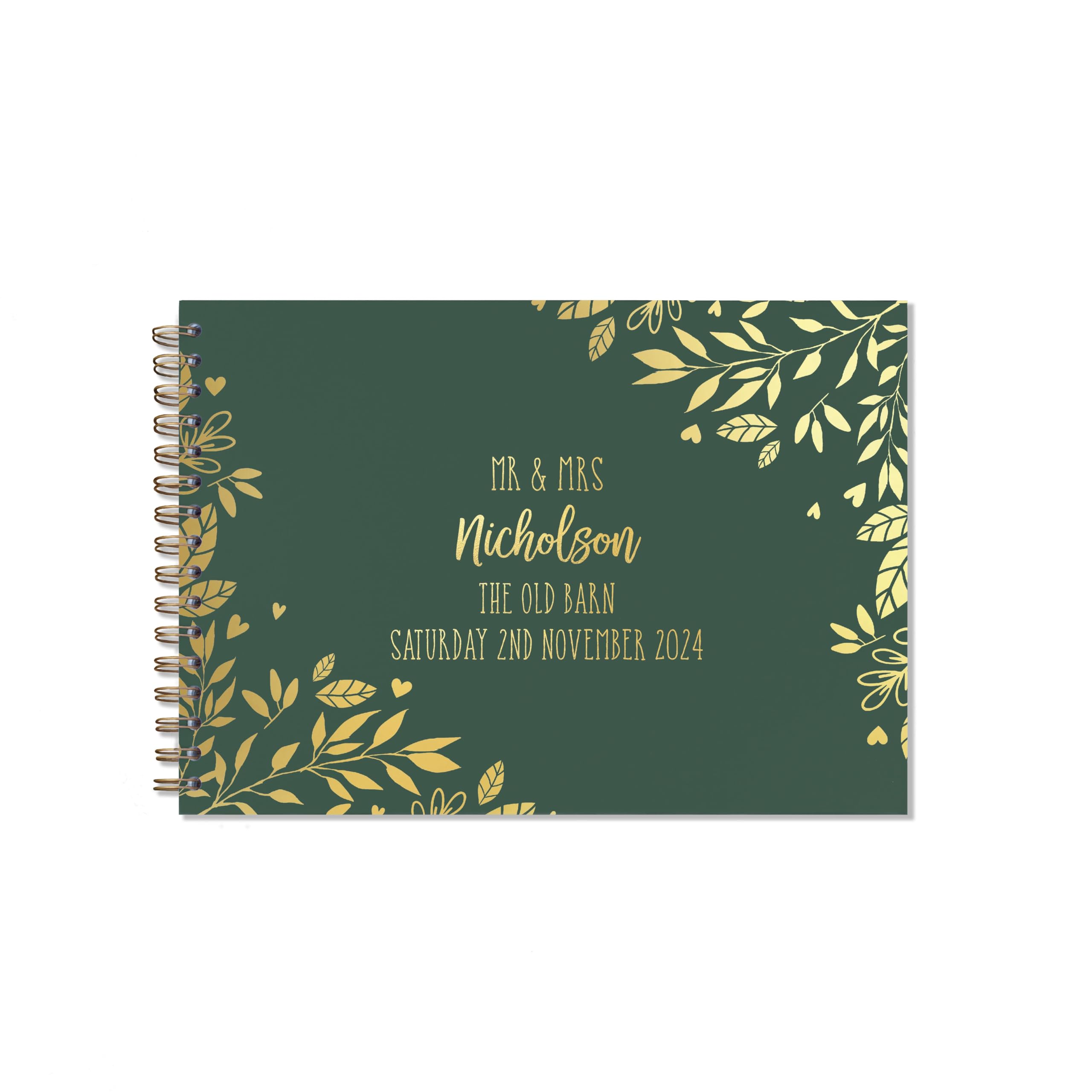 "Manta Makes Wedding Guest book personalised gold foil 26 colour choices A5 or A4, signing book wedding decorations for wedding reception, wedding books for guests to sign (A4, Green)"