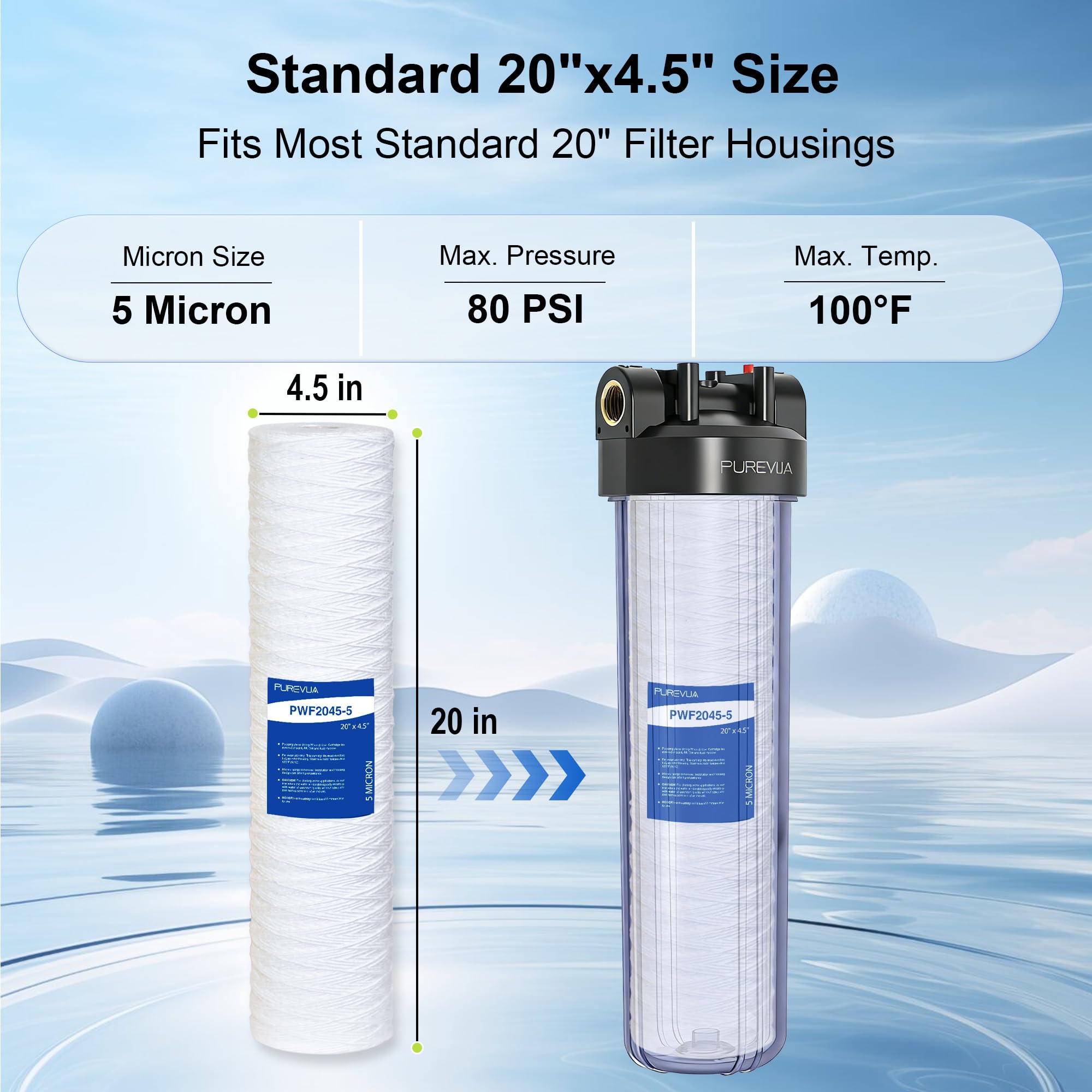 Filtro per sedimenti a filo avvolto da 5 micron, 50,8 x 11,4 cm, cartuccia filtro dell'acqua per tutta la casa, compatibile con WP5BB20P, SWC-45-2005, adatta a alloggiamenti grandi standard da