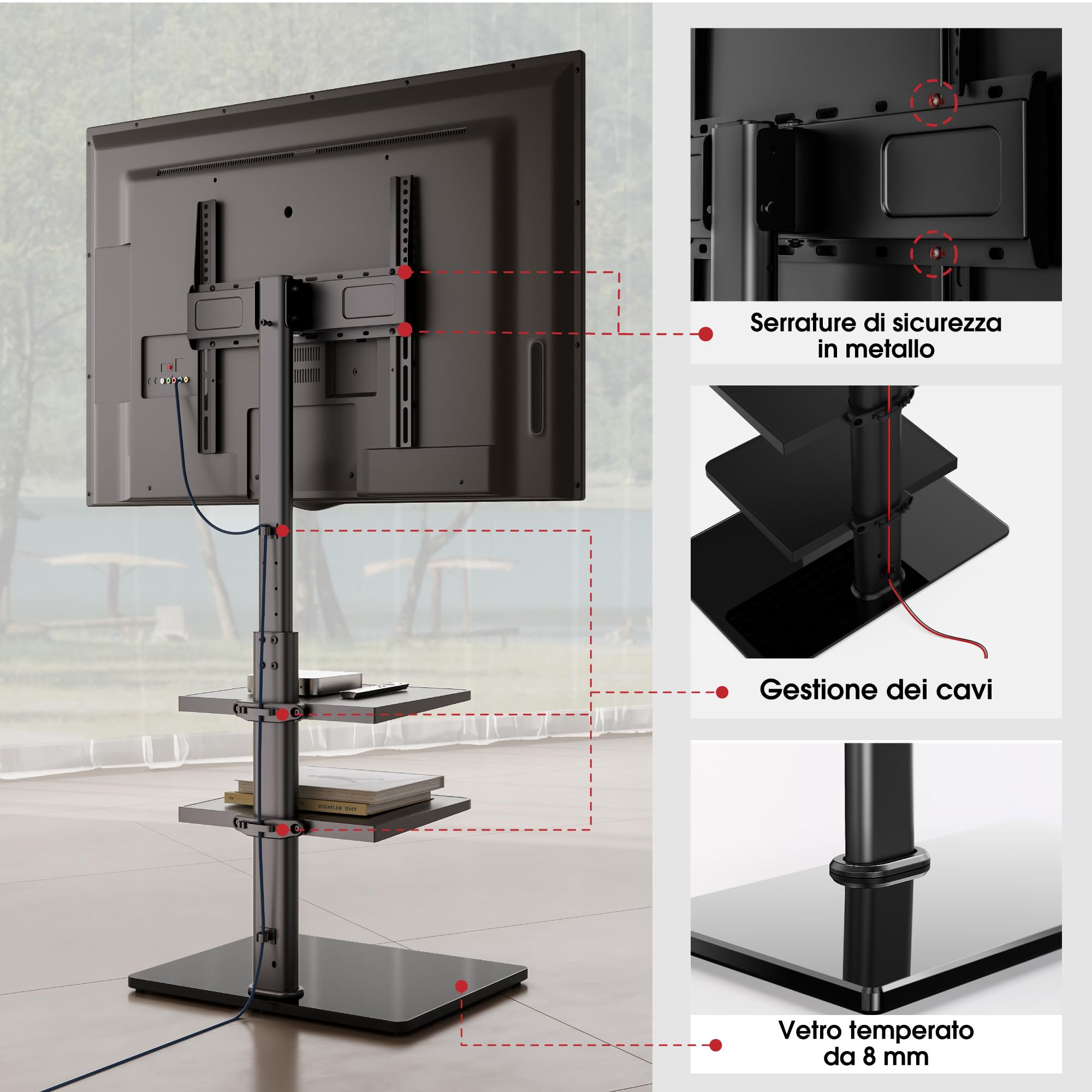 AOKCOS Supporto TV da Pavimento Inclinabile per 32-70 Pollici, Girevole Altezza Regolazione Porta TV da Terra con 2 Mensola, Max VESA 400x400mm 40kg