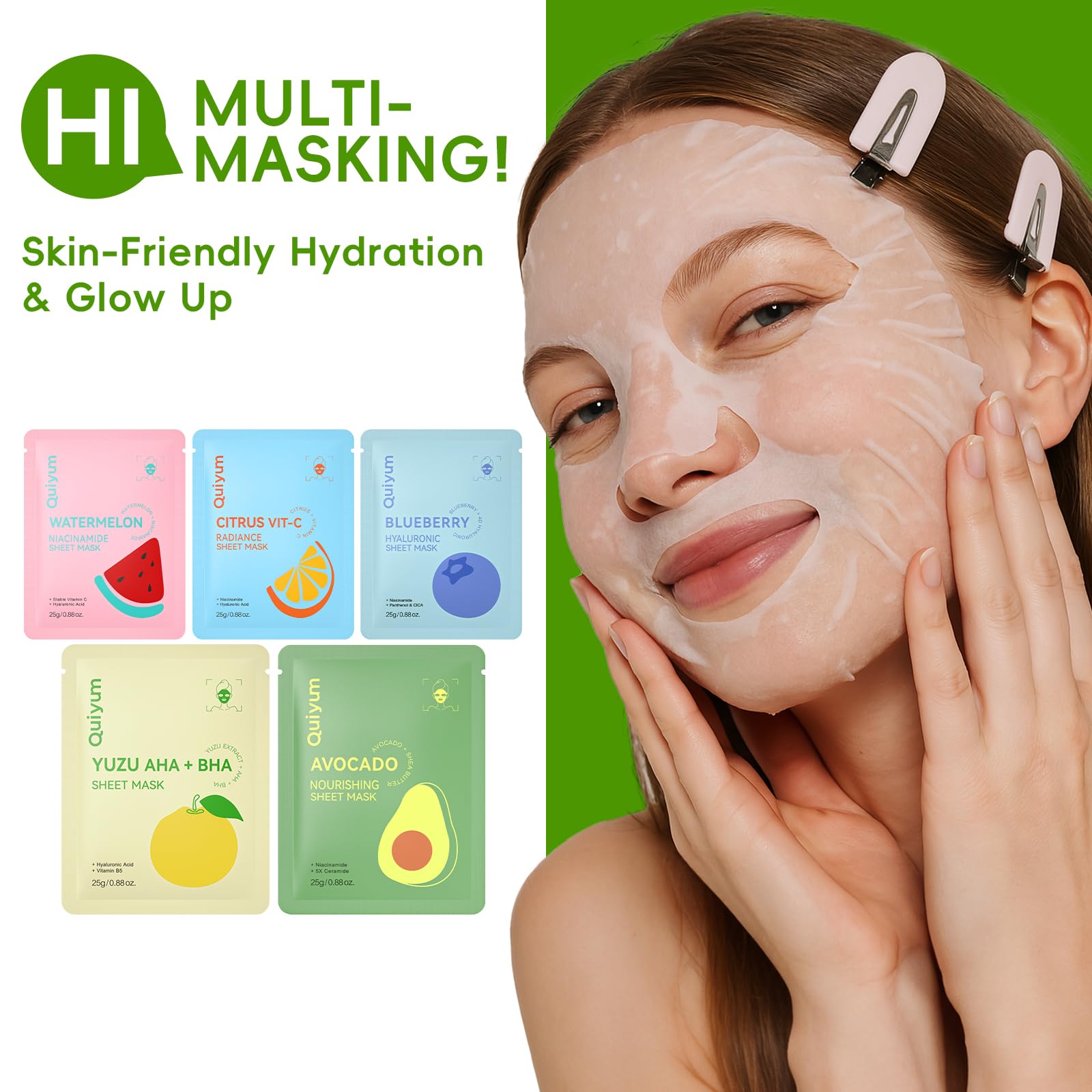 QUIYUM Coffret 15 masques visage aux fruits pour femmes et adolescents | pastèque, agrumes vitamine C, myrtille, avocat et yuzu, hydratants