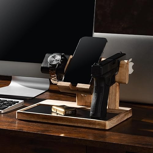 Miniatura 2 de Estante para pistola seguro para armas, soporte de madera para pistola, estación de acoplamiento para teléfono como organizador de mesita de noche