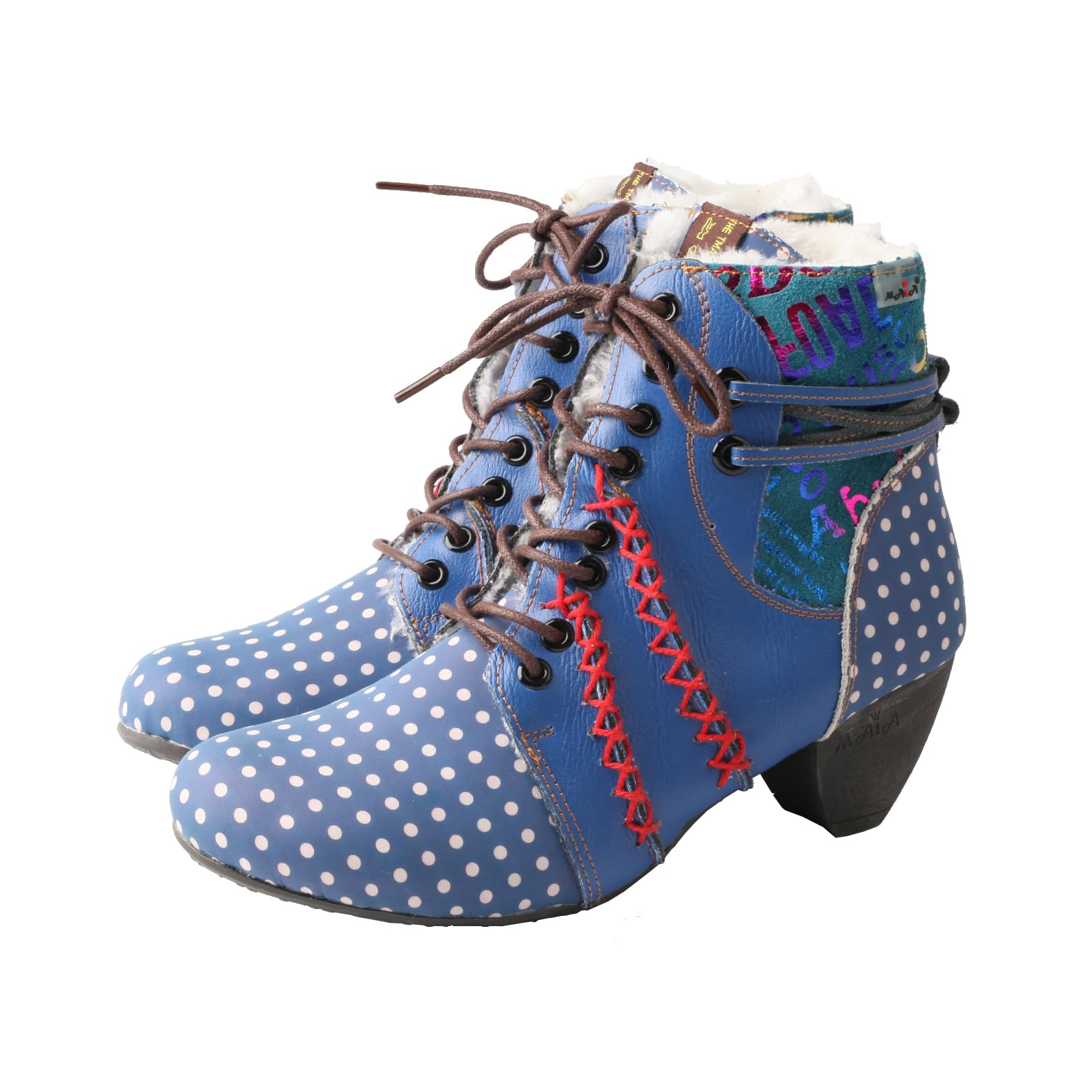 TMA EYES MAiA Womens Handcrafted Polka Dot Ankle Boots Retro Artistic Design Fleece-Lined Lace-Up Mid-Heel Style