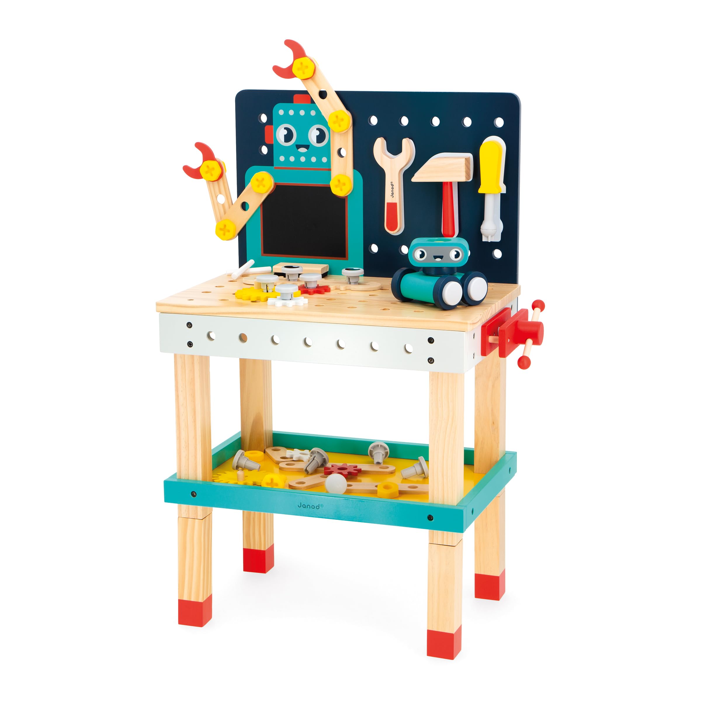 Janod - Mon Premier Jeu de Construction - Grand Établi Robot - Jeu de Bricolage Enfant - 50 Pièces - Hauteur Ajustable - Imitation - 3 Ans + - J06457