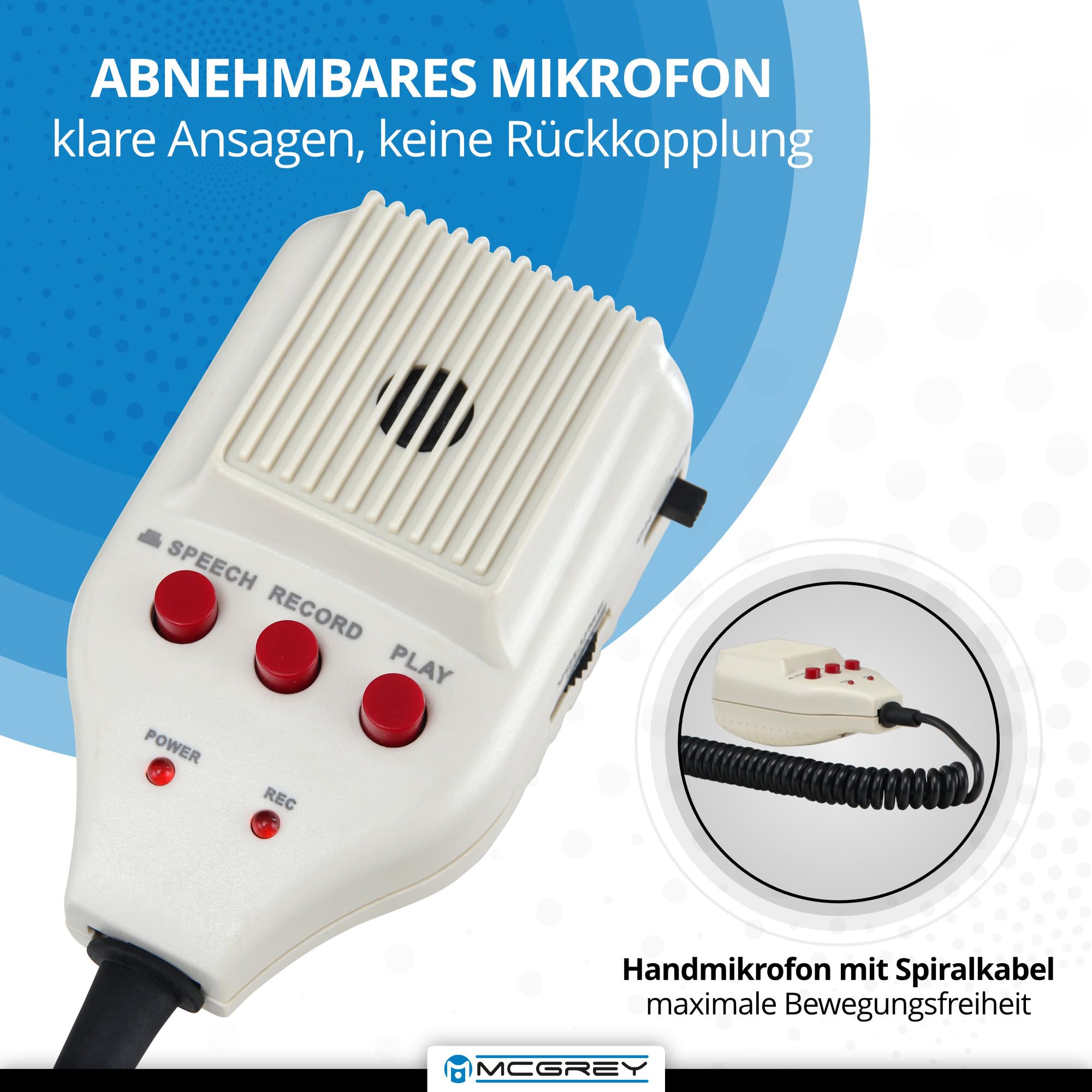 McGrey MP-800HRS Megaphon (Sprachrohr, 25 Watt RMS/80 Watt MAX), bis zu 1000m Reichweite, Handmikrofon, Sirene, Whistle, Aufnahmefunktion, USB/SD/AUX-MP3-Player batteriebetrieben grau/blau
