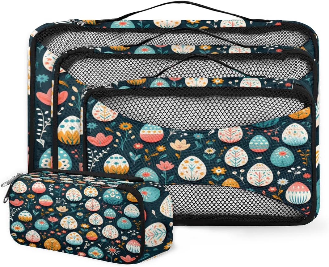4 Set Packing Cubes for Suitcases, Travel Essentials for Carry on Luggage, Easter Egg Suitcase Organizers for Clothes Shoes Toiletries Travel Accessories in 4 Sizes - Watercolor Floral
