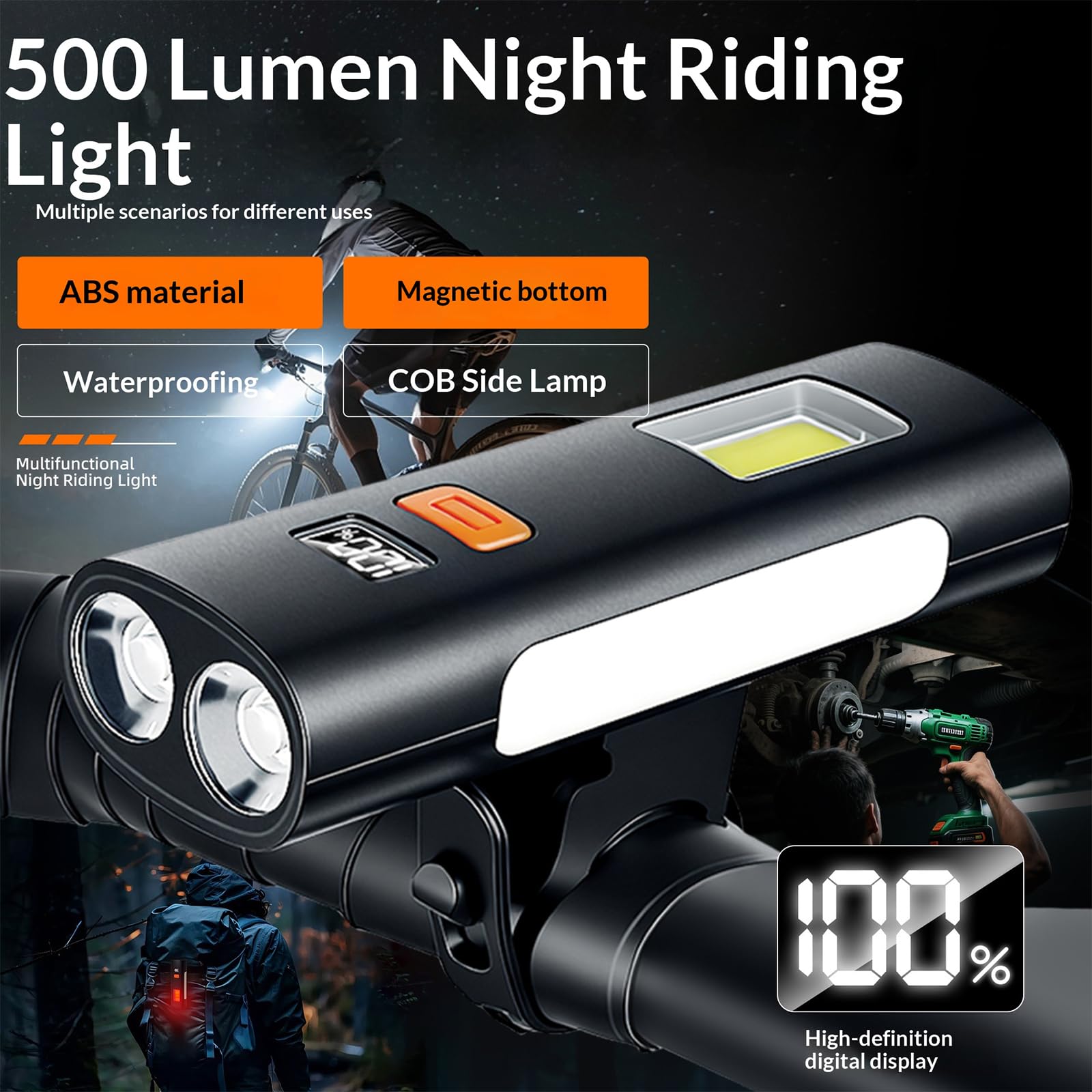 ABS 500LM Phare de vélo Type-C, Lampe latérale COB | EcoGleam ABS 500LM phare de vélo type-C, lampe latérale COB, 6 modes, écran numérique, USB-C