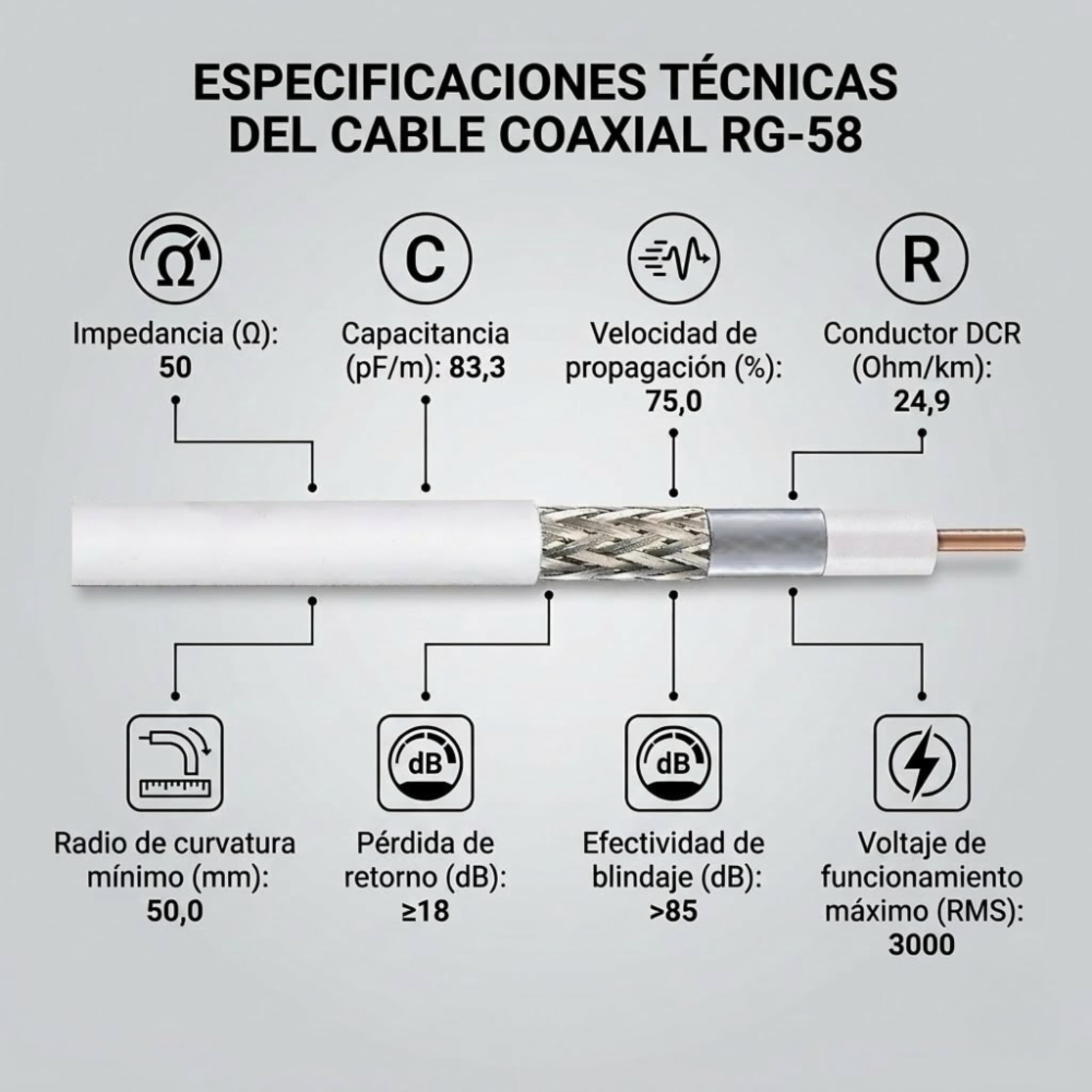 Silex | Cable Coaxial RG58U 50 Ohm Cobre Sólido 100 m | Doble Blindaje Bajas Pérdidas | Cubierta PVC Blanco Flexible | Para Antenas, Radioaficionados, RF, Telecomunicaciones