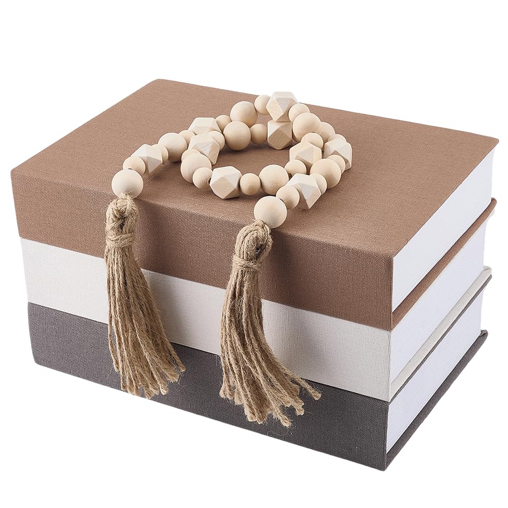 OLYCRAFT 3 pz Libro Decorativo Finto per La Casa, Scatola A Forma di Libro Rivestita in Lino con Ghirlanda di Perline, Set di Libri Finti Impilati in Stile Rustico Boho, Libri Decorativi