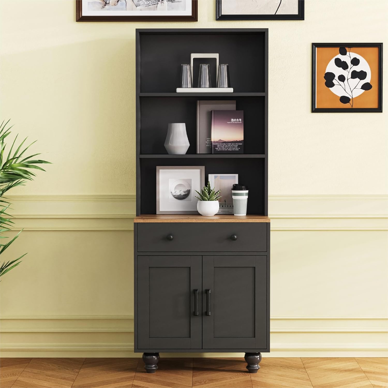 Farmhouse Storage Cabinet with Adjustable Shelves, Tall Kitchen Pantry Cabinet with Drawer, 5 Tier Bookshelf on Solid Wood Legs for Living Room or Dining Room (Black)