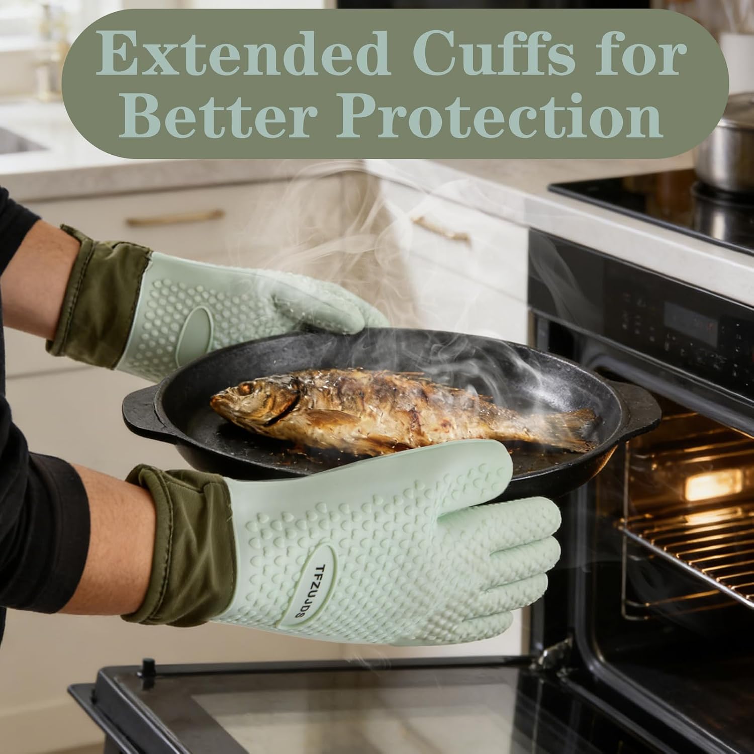 Silicone Oven Gloves with Fingers Heat Resistant 450°F in Kitchen
