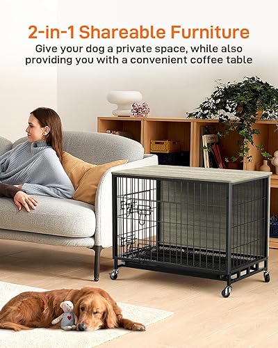 Mueble de jaula para perros de 38.6 pulgadas, perrera de interior con puertas dobles, ruedas y bandeja extraíble, mesa auxiliar moderna para perros