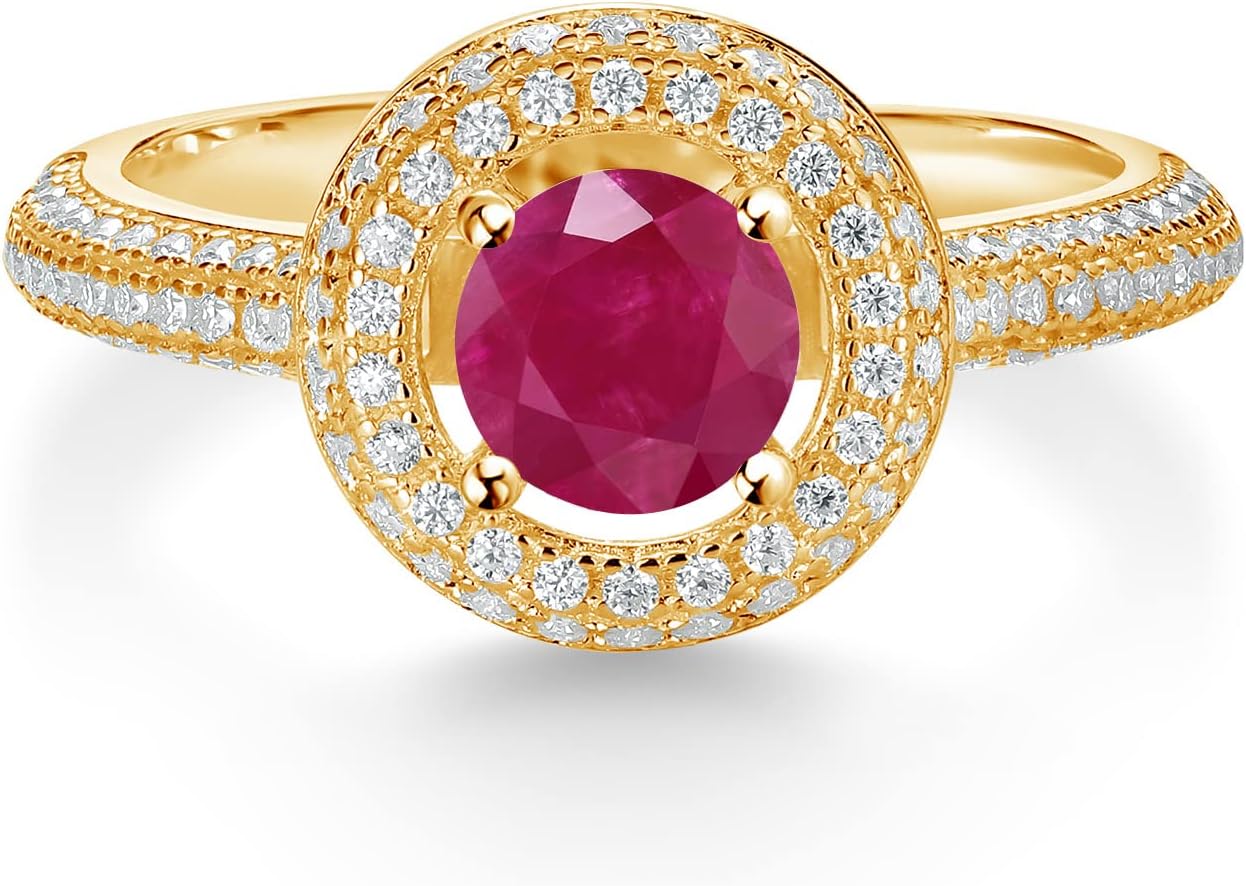 Gem Stone King 18K Yellow Gold Plated Silver 6MM Round Gemstone Birthstone and White Moissanite Halo Engagement Ring | Wedding Anniversary Promise Ring For Women | Available In Size 5, 6, 7, 8, 9
