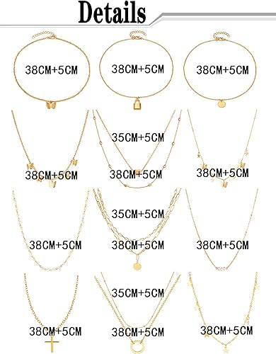 Miniatura 2 de Juego de 12 piezas con cadena de oro, collar de cuentas de moneda, luna, estrella, dije de perla, gargantilla de cadena multicapa, de piel, tono