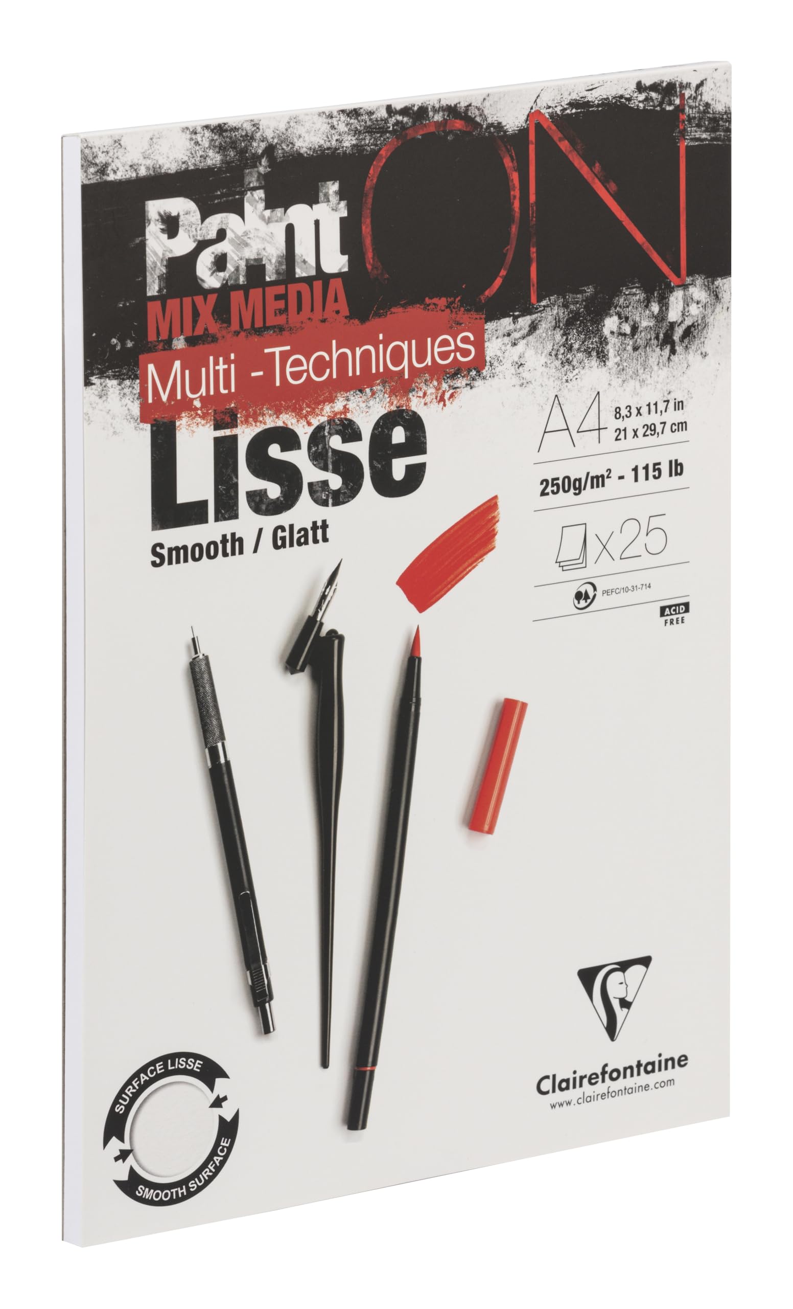 Clairefontaine - Ref 975729C - Paint'ON Multi-Technique White Smooth Glued Paper Pad (25 Sheets) - A4 Size, 250gsm Heavyweight Paper, Acid Free, pH Neutral, Smooth Paper