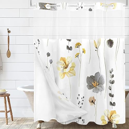 Miniatura 1 de Cortina de ducha floral amarilla sin gancho con forro a presión, juego de cortinas de ducha modernas de tela sin gancho para baño, cortina de ducha