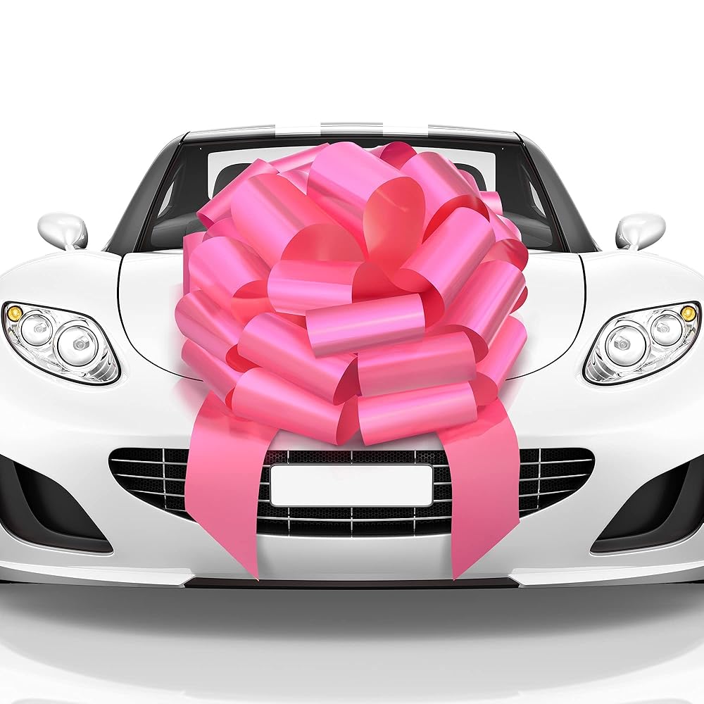 Mata1-USA - Huge Car Bow - Pink, 23 Inch - Big Gift Wrapping Bow for Large Gift Decoration - Giant Size for Indoor & Outdoor Use - 26 Loops & 4 Stickers