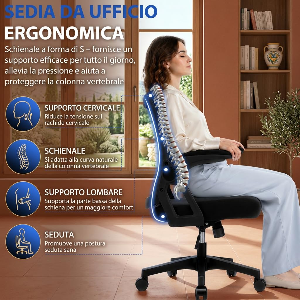 Sedia Ufficio Ergonomica, Sedia da Scrivania in Rete Traspirante con Supporto Lombare, Braccioli Ribaltabili a 90°, Altezza Regolabile, Inclinabile, Girevole 360°, Portata 130 kg, Nera