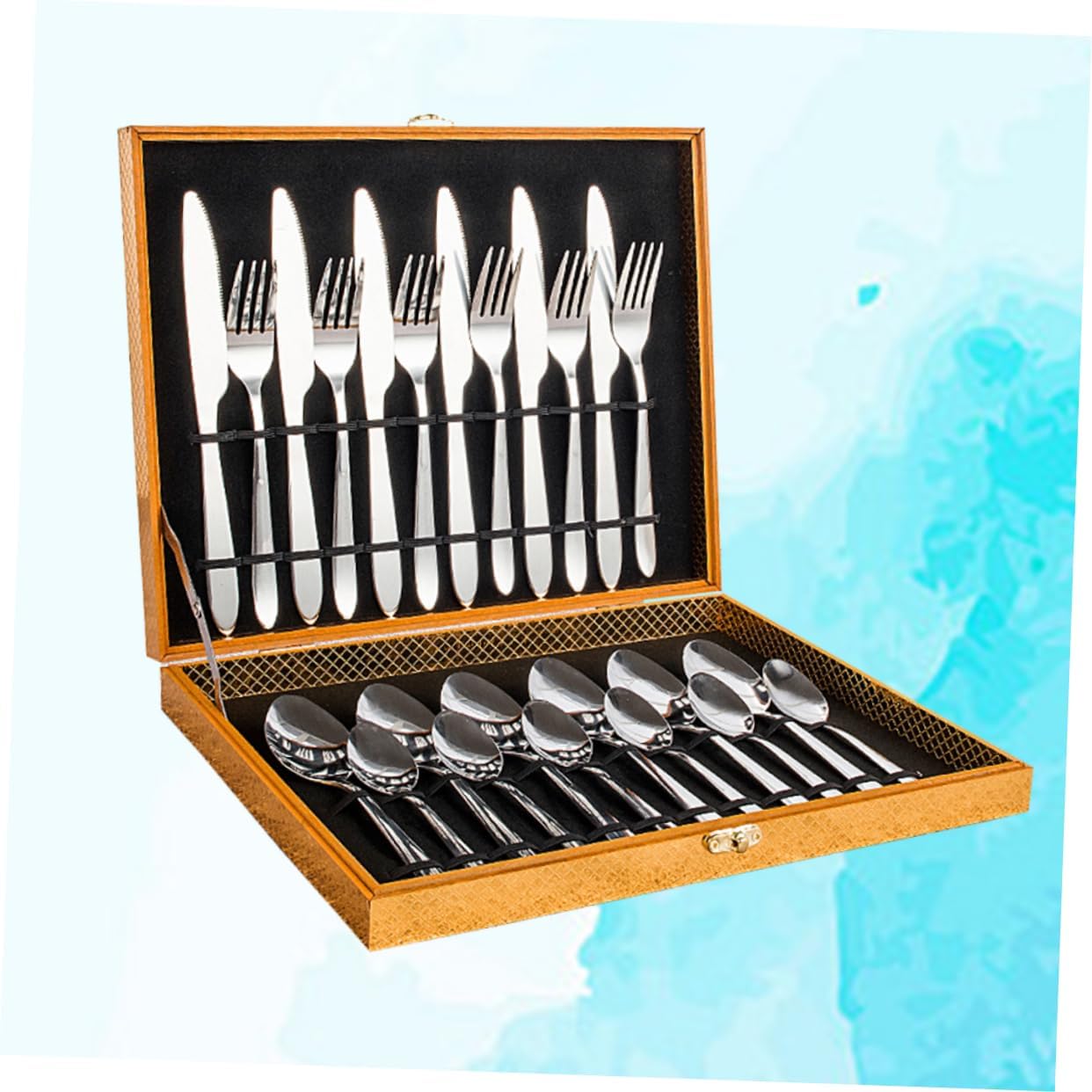 24set Stainless Steel Cutlery in Elegant Artificial Leather Case for Dinner Parties and Outdoor Use Includes Forks Knives and Spoons Dishwasher Safe