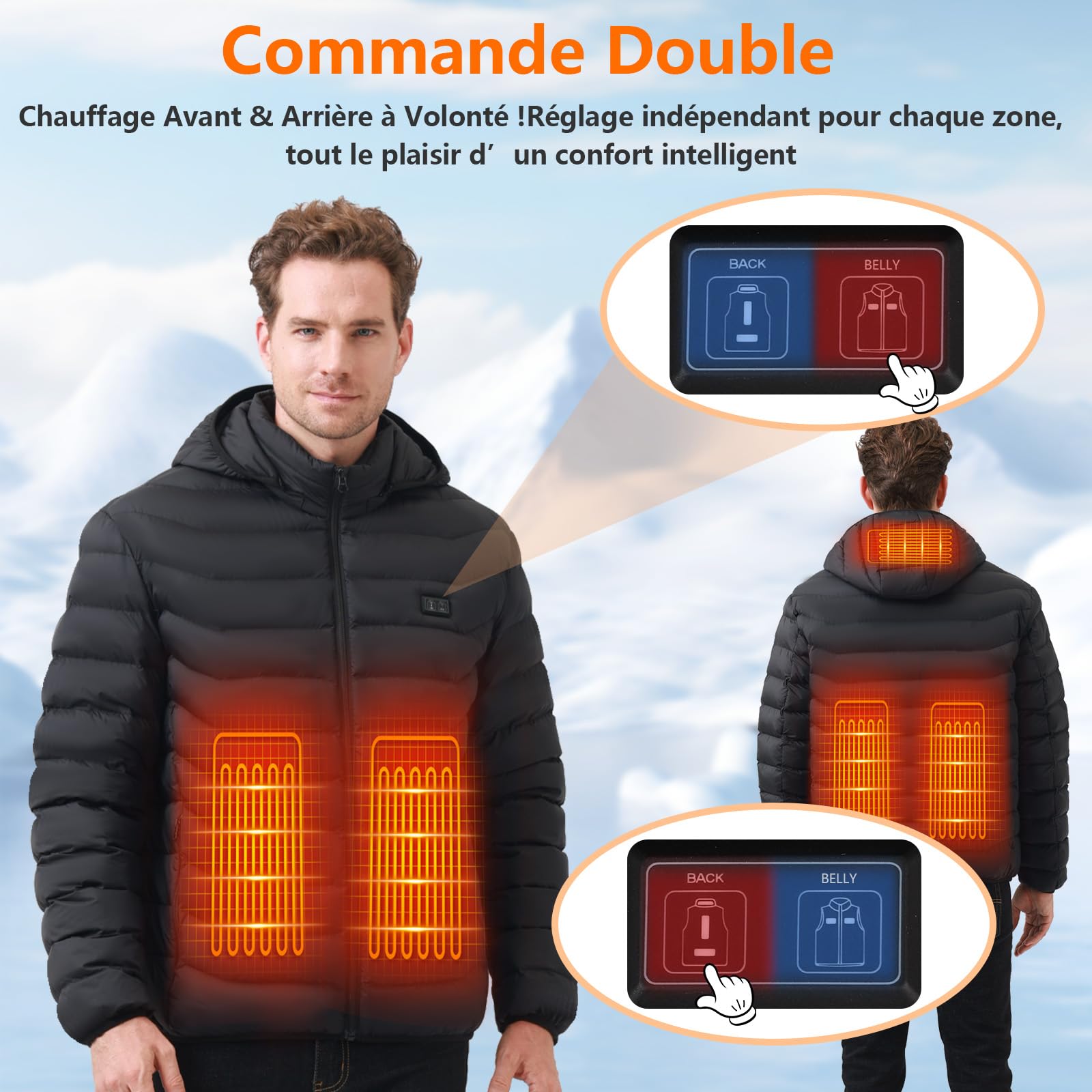 Veste Chauffante Homme et Femme - Blouson Chauffant USB Électrique avec Batterie 10000mAh, 5 Zones Chauffantes & 3 Niveaux de Température - Manteau Doudoune à Capuche pour Hiver et Moto