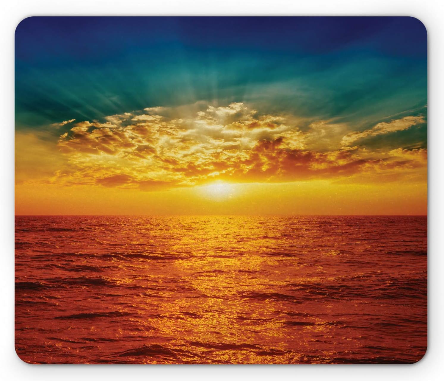 Ambesonne Ocean Mouse Pad, Sunset Clouds Exotic Seaside with Sun Rays Evening View Picture Print Art, Rectangle Non-Slip Rubber Mousepad, Standard Size, Multicolor