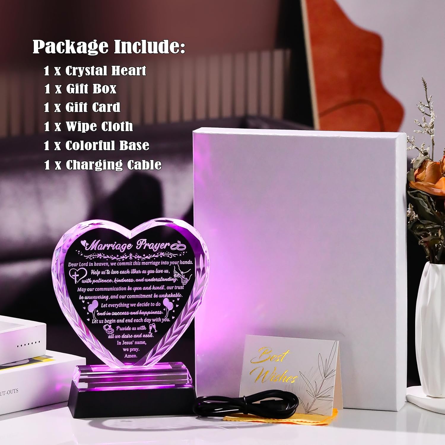 Wedding Gifts for Couples 2026, Crystal Heart Happy Anniversary Marriage Prayer Gift with Inspiring Quotes, Engagement Gifts for Newlywed Mr and Mrs Bridal Shower Gift for Home