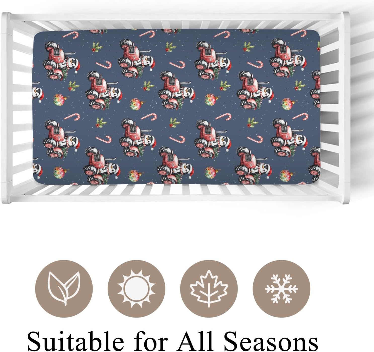 Cute Christmas Penguins Tractor Candy Fir Fitted Crib Sheet for Baby Girls Boys 52x28Inch Red Farm Vehicles Baby Sheet for Standard Crib and Toddler Winter Animals Mattress Winter One Size