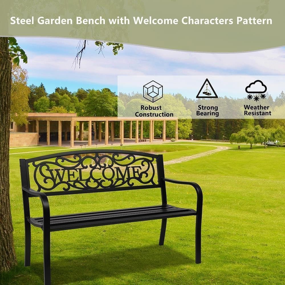 Outdoor Iron Patio Porch Backyard Park Deck School Welcome Bench Seat Chair New