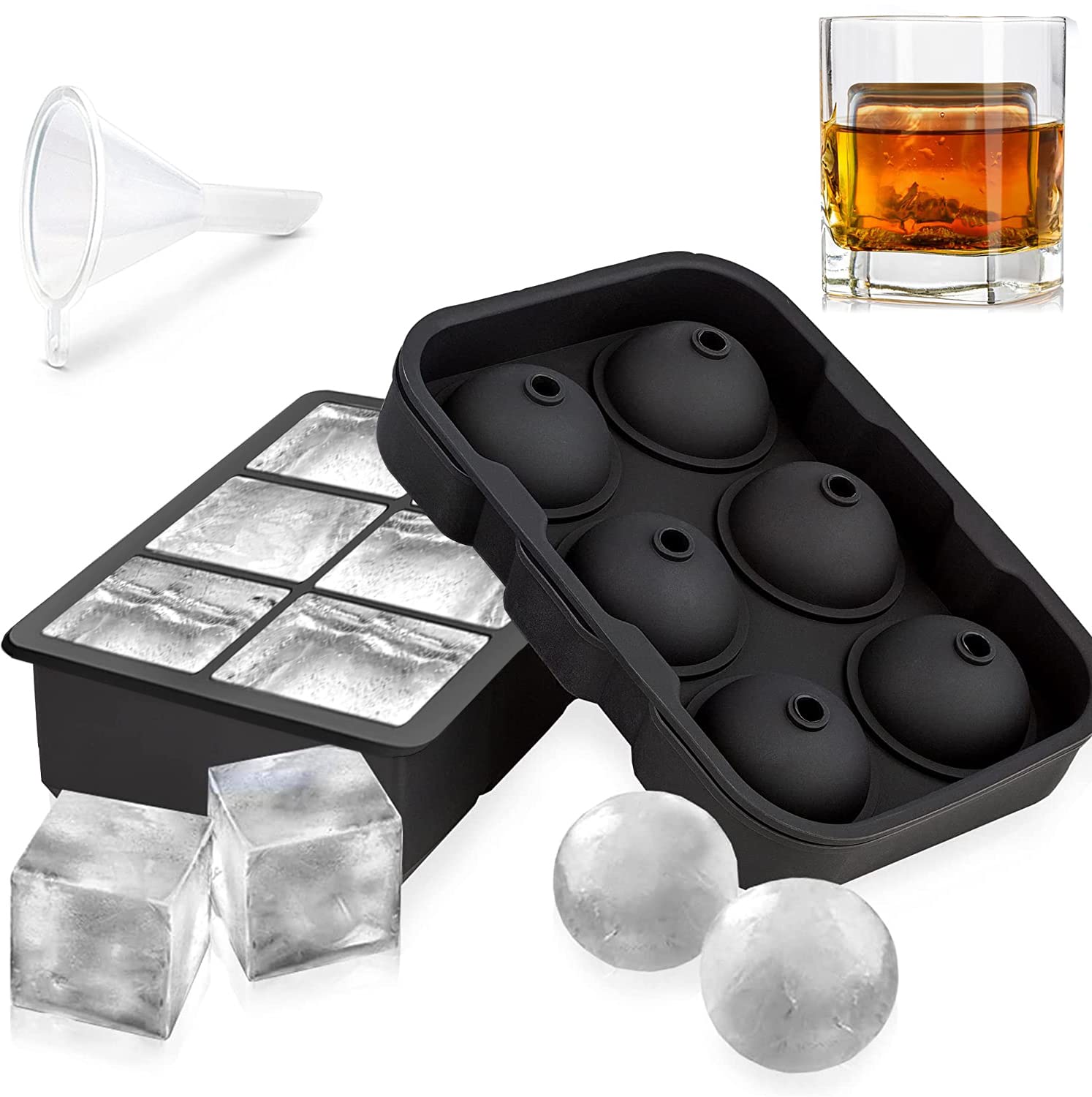 Silicone Ice Cube Trays,Sphere Ice Ball Maker with Lids & Large Square Ice Cube Molds for Cocktail, Freezer,Juice,Chocolate - Black