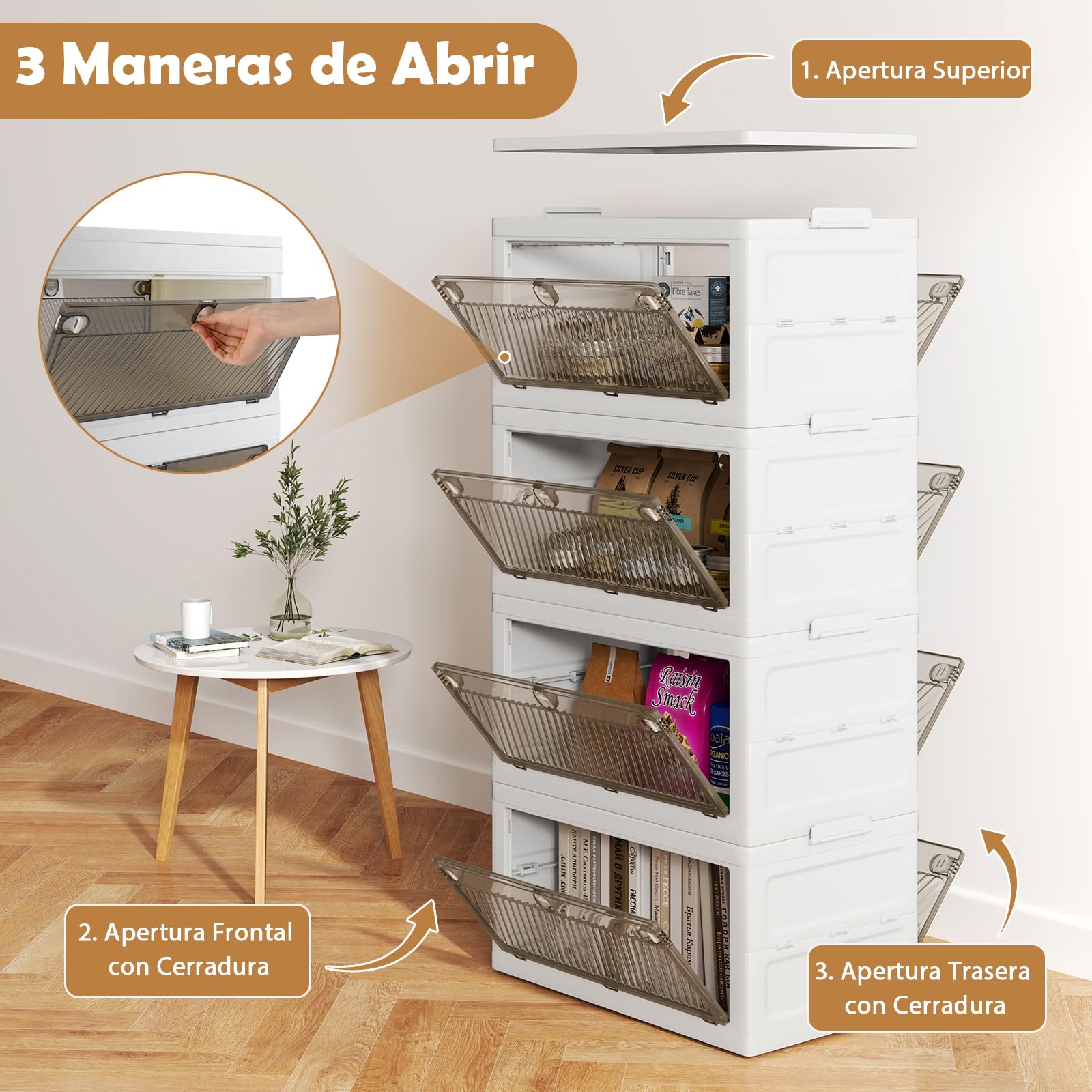 GOPLUS Caja de Almacenamiento Plegable con Tapa 126 L/168 L, Cajones de 3 Vías de Apertura, Organizador Apilable con Ruedas para Dormitorio Guardarropa, Almacenaje para Ropa Zapatos (4 Niveles)
