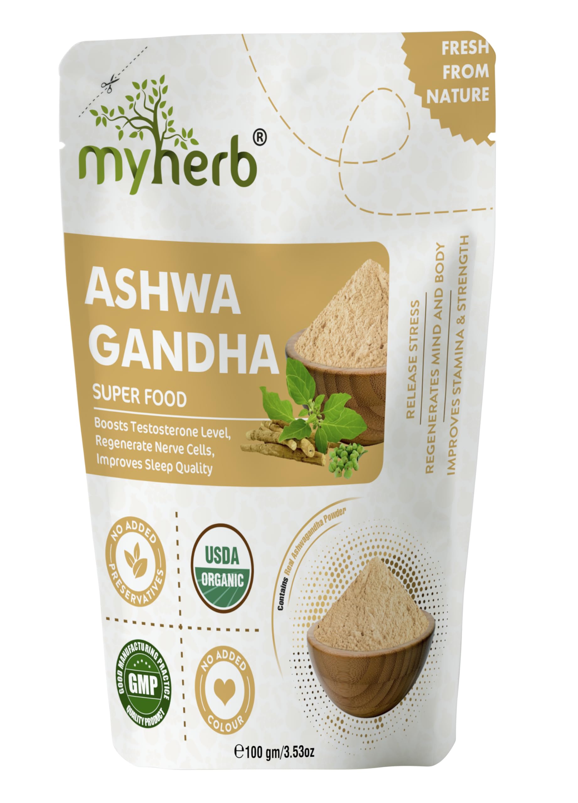 MYHERB 100% Pure Natural Organic Ashwagandha Powder || 100 Gm || Withania Somnifera || Ayurvedic Formula || Support for Stress-free Living- For Men And Women