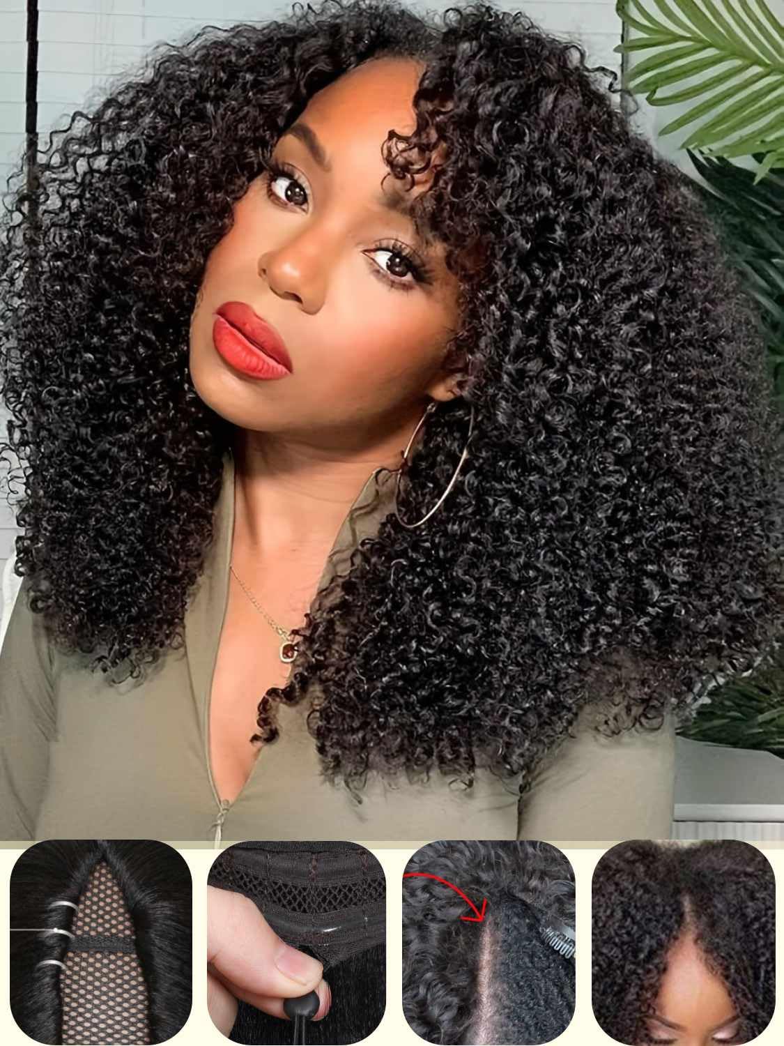 Beauty Forever V Part Wig Human Hair Kinky Curly EasiContour Vpart Wigs No Leave Out Glueless Upgraded U Part Wigs for Women None Lace Front Wigs Natural Color 180% Density 14inch
